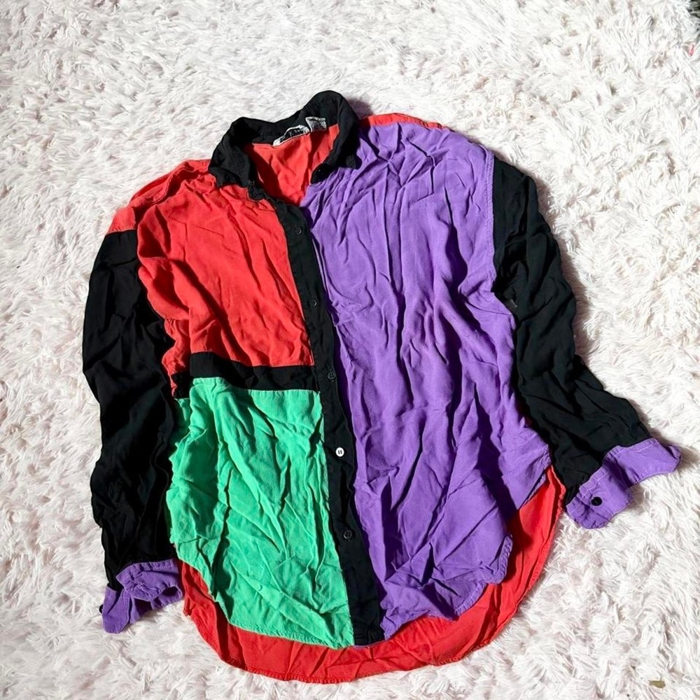 Vintage 90s Colorblock Vivid Mod Chic Colorful‎ Bold Button Down Top Womens 22
